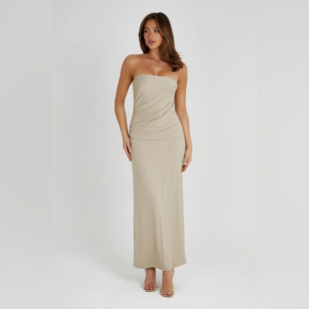 Astraea tan strapless Meshki dress